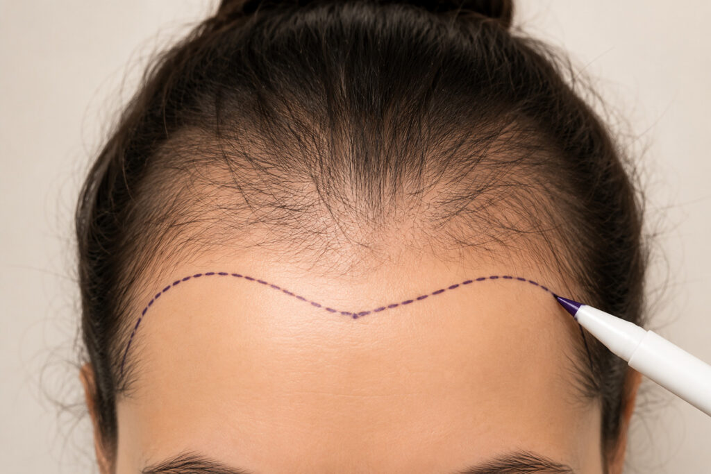 Female patient with marked hairline for transplant planning in Liverpool.