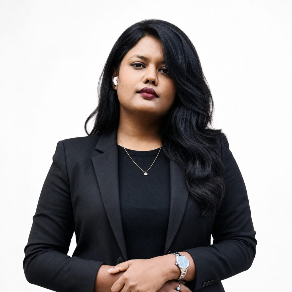 Confident woman with dark hair in professional attire at The Skin and Hair Clinic.