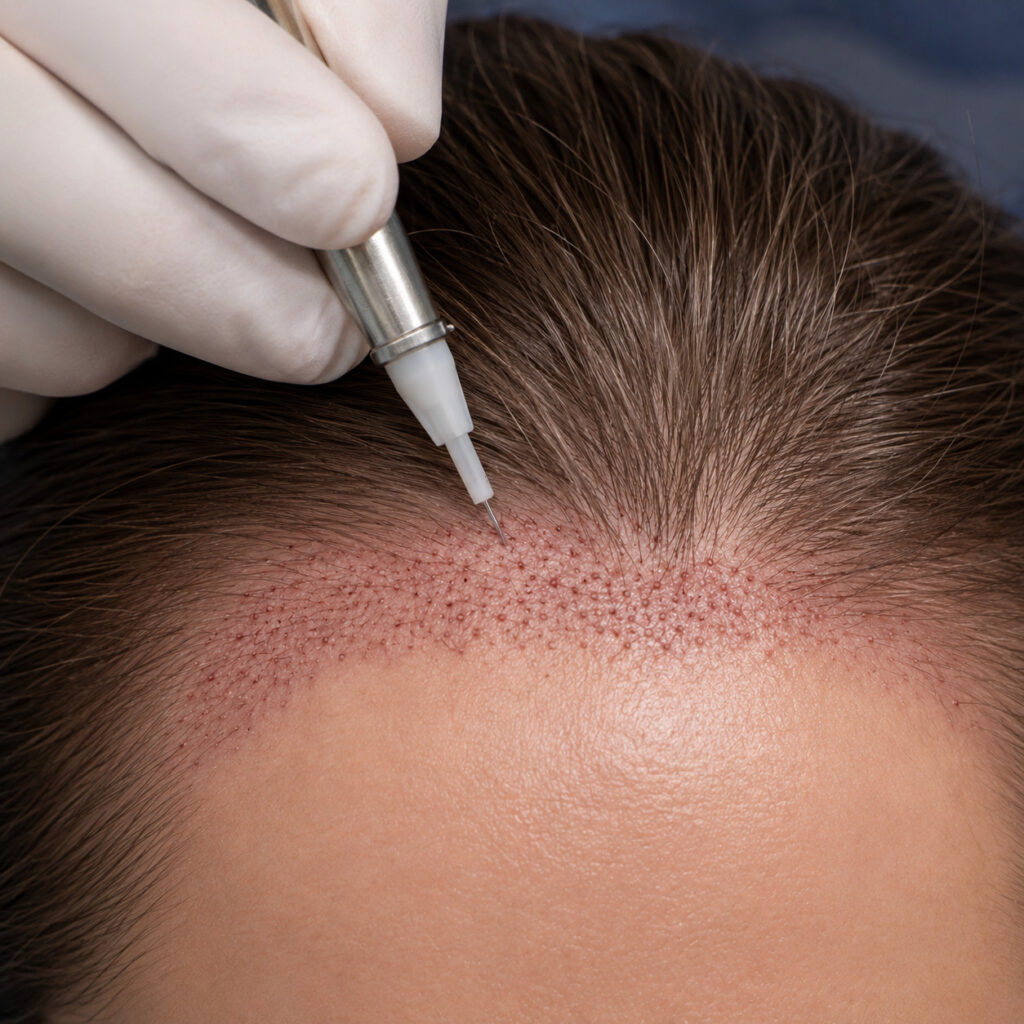 Close-up of scalp during female hair transplant in Liverpool.
