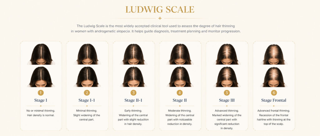 Ludwig Scale showing different stages of female hair thinning.