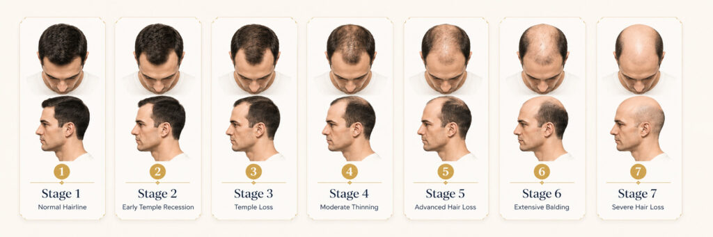 Progression of hair loss stages from early to severe baldness.