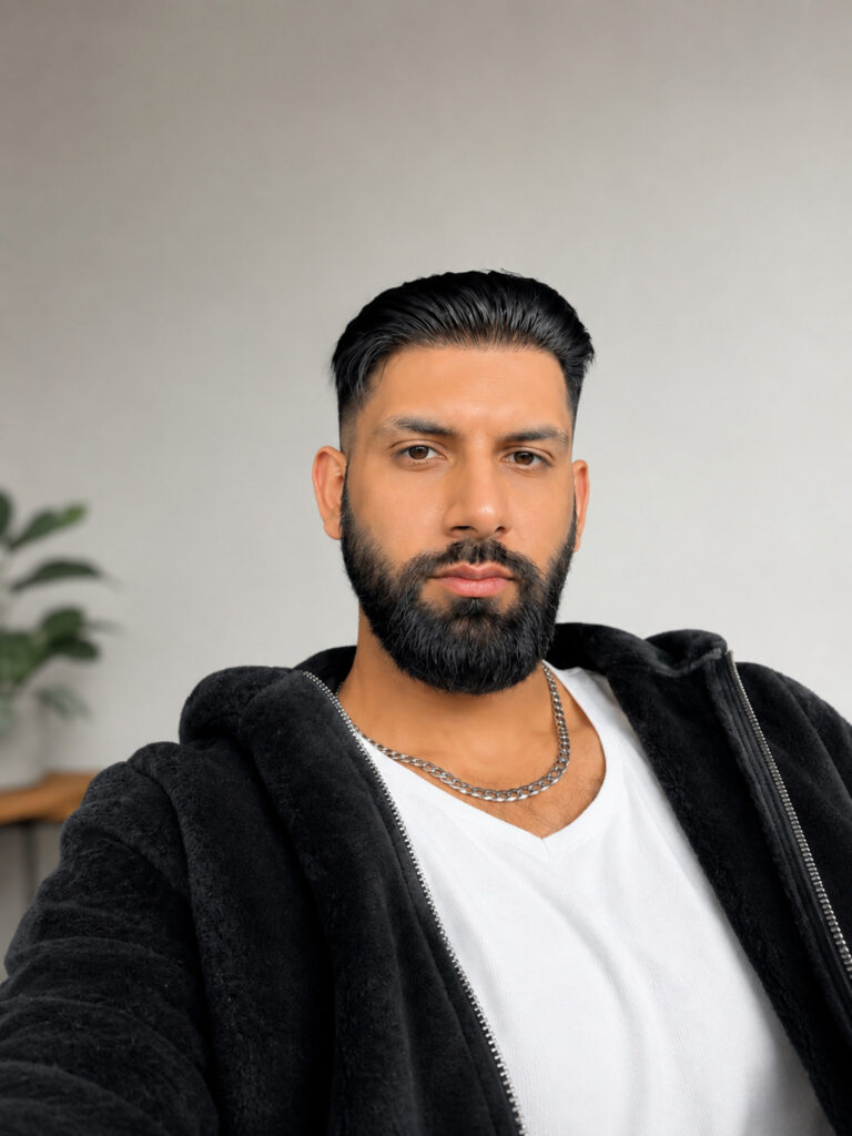Man with styled hair and beard, wearing a black hoodie and white t-shirt.