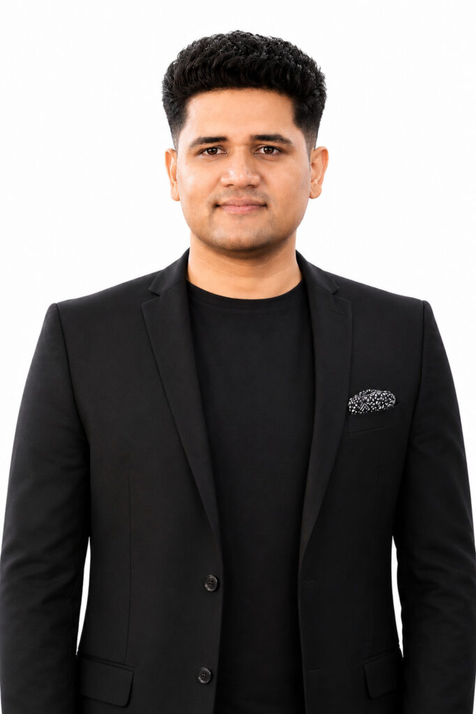 Confident man in black suit and t-shirt for skin and hair clinic.