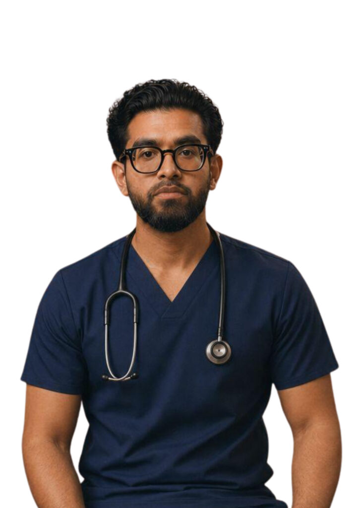Healthcare professional wearing scrubs and stethoscope for medical consultation.