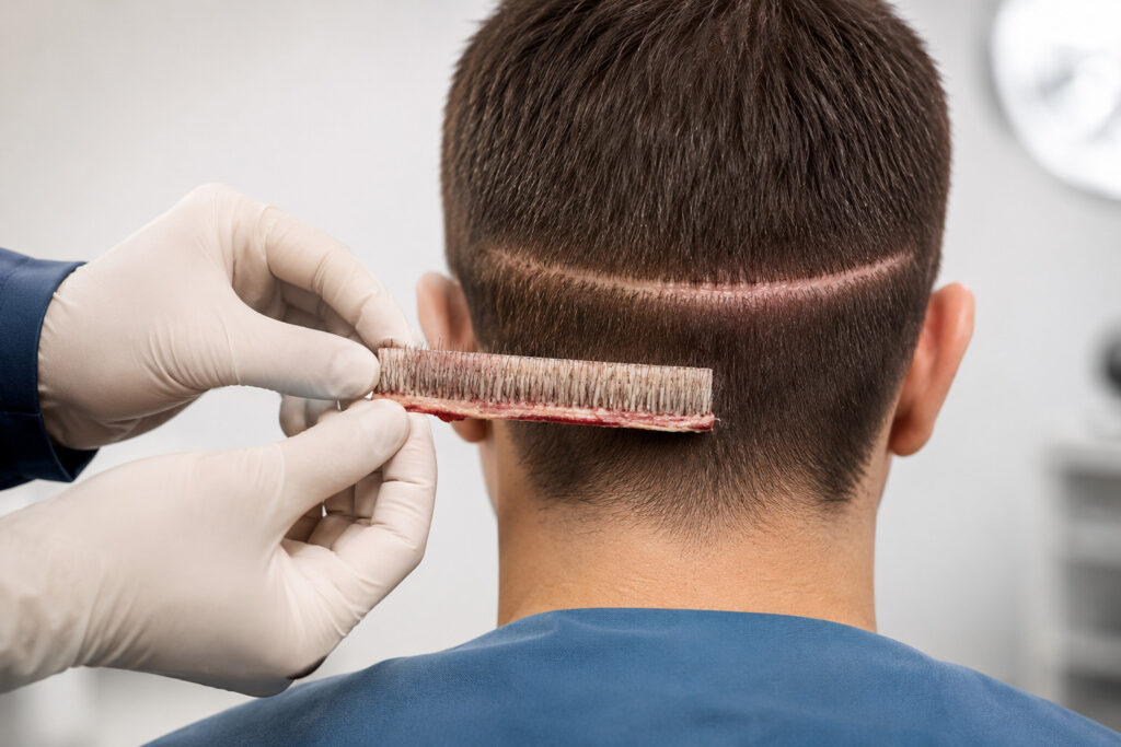 Doctor performing scalp treatment on a patient with a hairbrush and gloves.