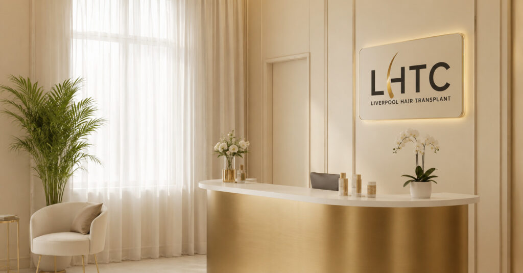 Reception area at The Skin and Hair Clinic in Liverpool with logo and decor.