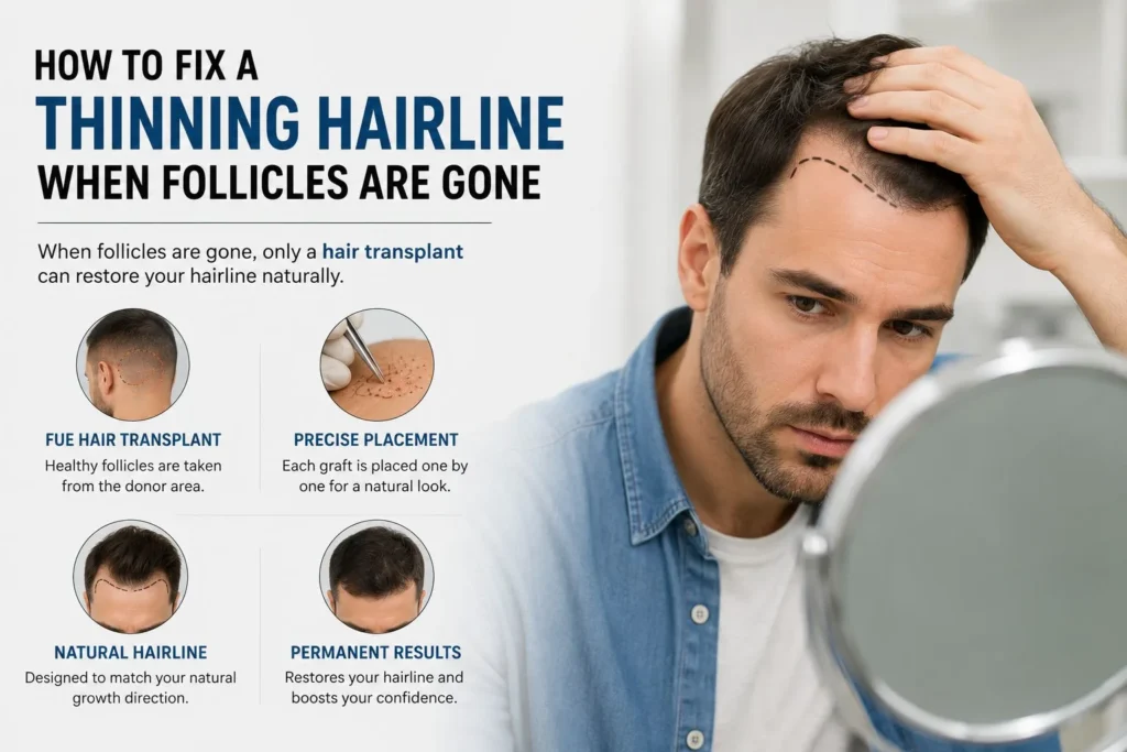 Man examining his thinning hairline for hair loss solutions.