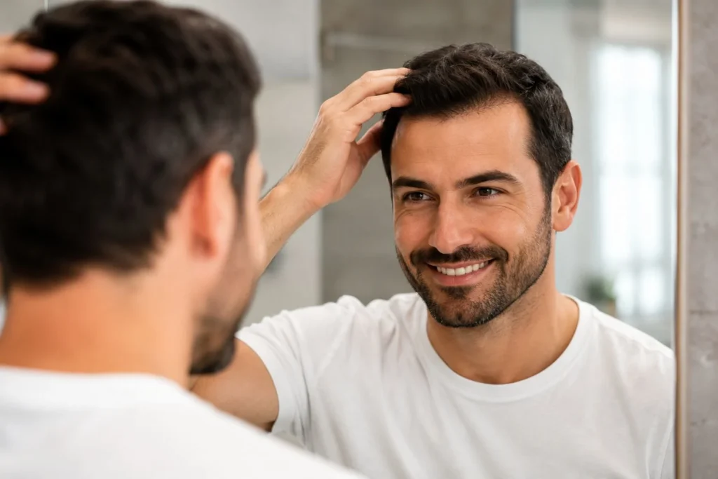 Man checking his hair in mirror at skin and hair clinic.