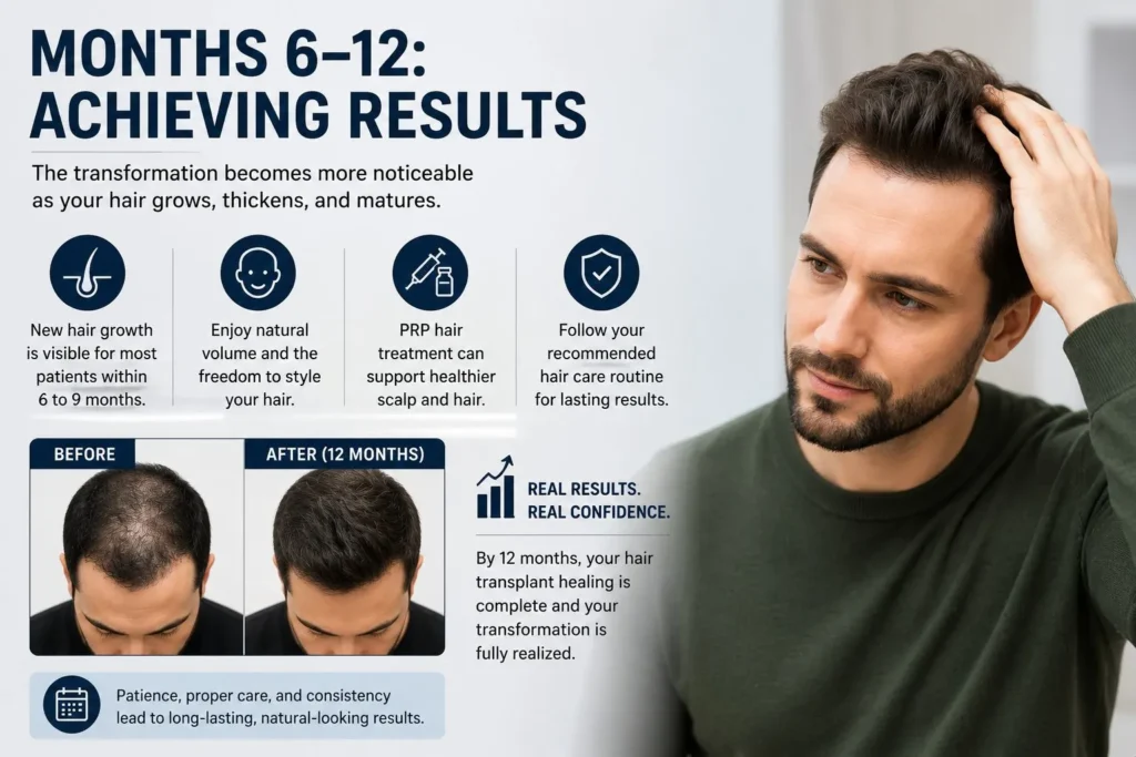 Man with improved hair growth after hair transplant healing process.