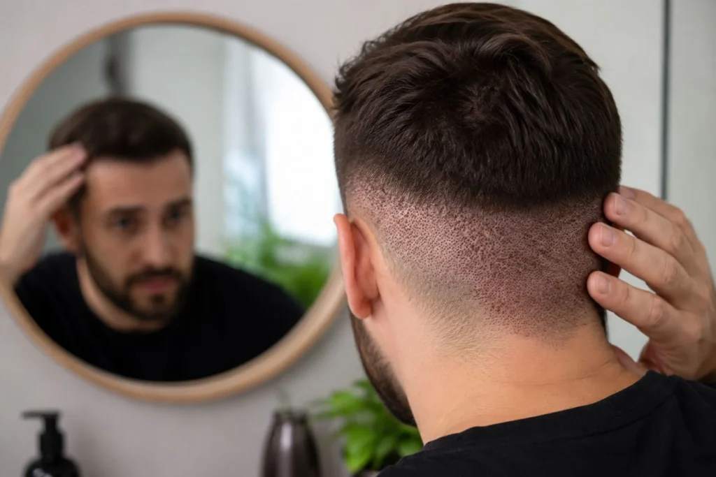 Close-up of a man's donor area after hair transplant procedure.